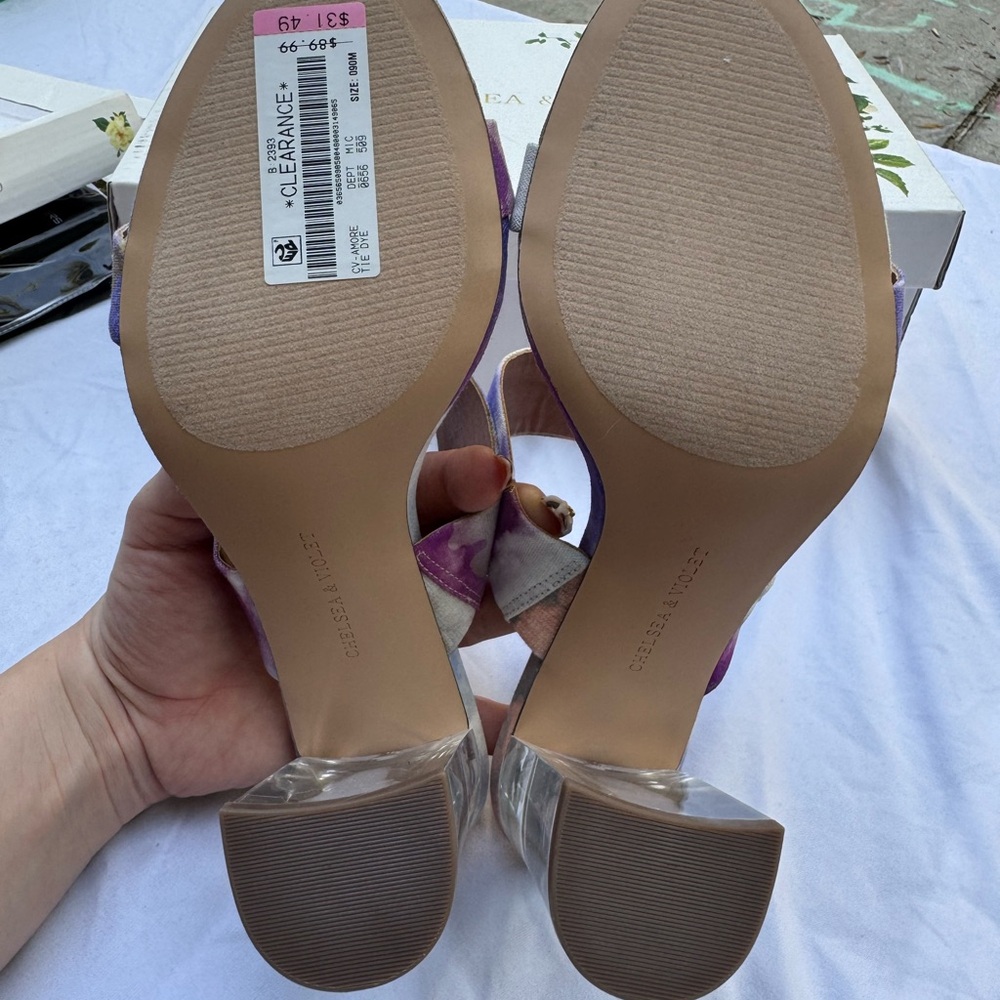 Chelsea & Violet Purple and Pastel Tie-Dye Two-Band Clear Block Heel Sandals - Picture 3 of 3